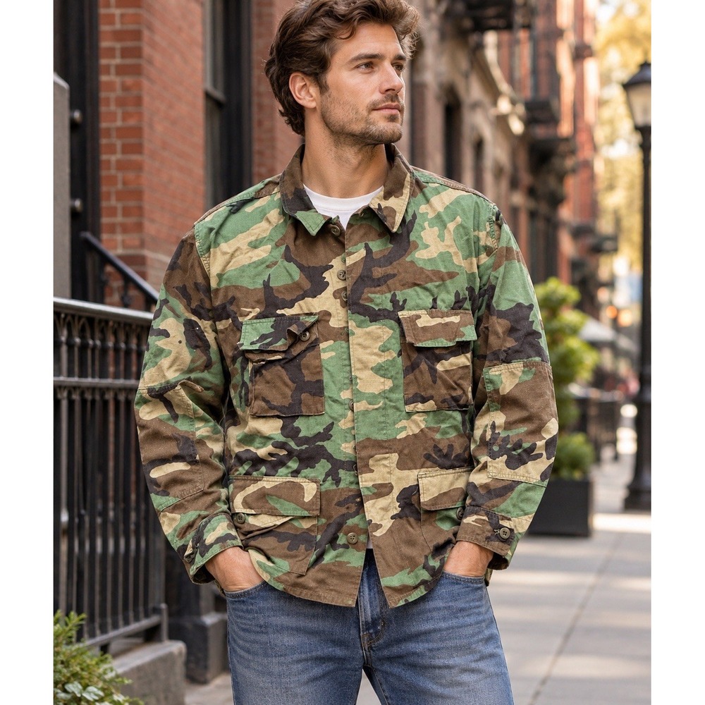 Vintage USGI Military Woodland Camo BDU Overshirt Cotton Ripstop XL Regular M81